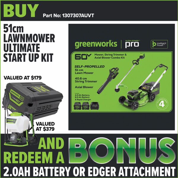 GREENWORKS 60V 51cm Self-Propelled Lawnmower Ultimate Start Up Kit redemption GREENWORKS 60V 51cm Self-Propelled Lawnmower Ultimate Start Up Kit redemption